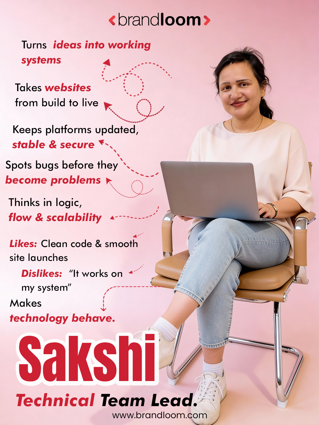 Sakshi, Technical Team Lead at BrandLoom, specializing in scalable systems, secure websites, and smooth technology deployments