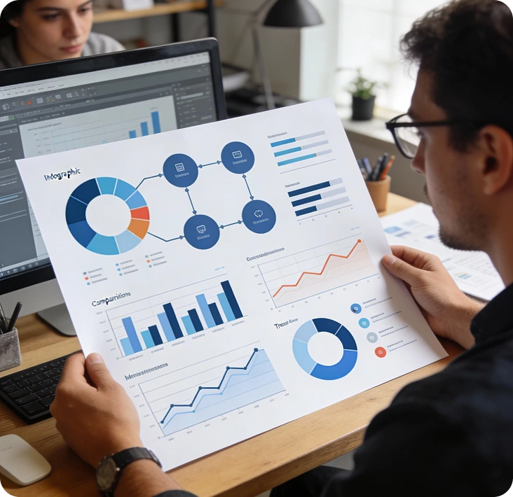 why-infographic-design-is-important-for-business Business professional reviewing infographic charts that highlight why infographic design is critical for engagement and understanding