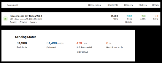 Email campaign sending status showing delivered emails bounce rate and performance metrics Email campaign sending status showing delivered emails bounce rate and performance metrics