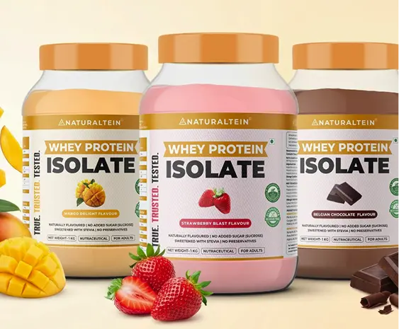 NATURALTEIN whey protein isolate products in different flavors representing clean protein supplements in India NATURALTEIN whey protein isolate products in different flavors representing clean protein supplements in India