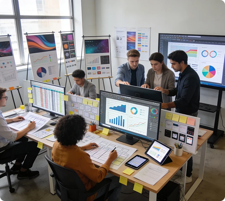 brandloom-infographic-design-process-team-collaboration BrandLoom infographic design team collaborating to turn complex data into clear, visually engaging infographic concepts