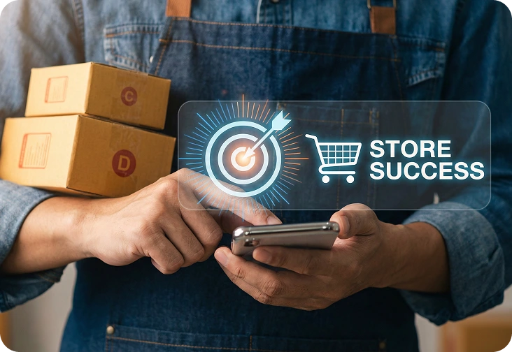 Seller managing online store with mobile showcasing Amazon marketing growth and store success Seller managing online store with mobile showcasing Amazon marketing growth and store success