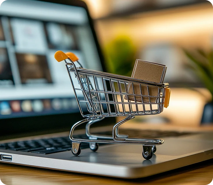 Shopping cart on laptop representing BrandLoom Shopify SEO growth solutions Shopping cart on laptop representing BrandLoom Shopify SEO growth solutions