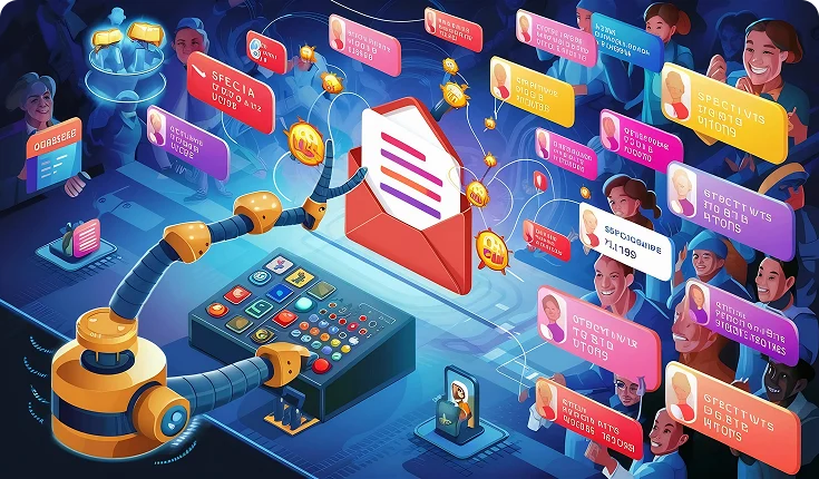 Targeted Broadcast Campaign Messaging Automated WhatsApp broadcast messaging and promotional campaign illustration for customer engagement