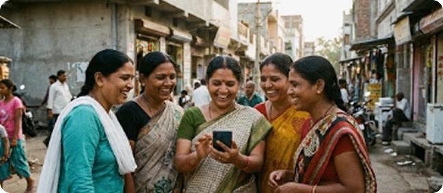 Rural Indian women engaging with Vasmol hair care content through social media